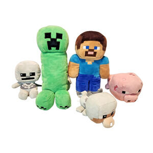 5 MINECRAFT MOJANG STEVE, CREEPER, SKELETON, WOLF, PIG PLUSH STUFFED ANIMALS